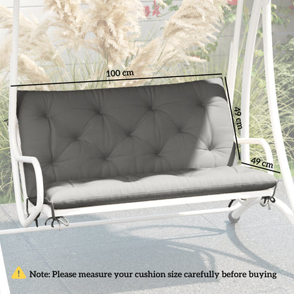 Two-seat bench cushion fitted to a swing, with 100 cm width and 49 cm back height labels.