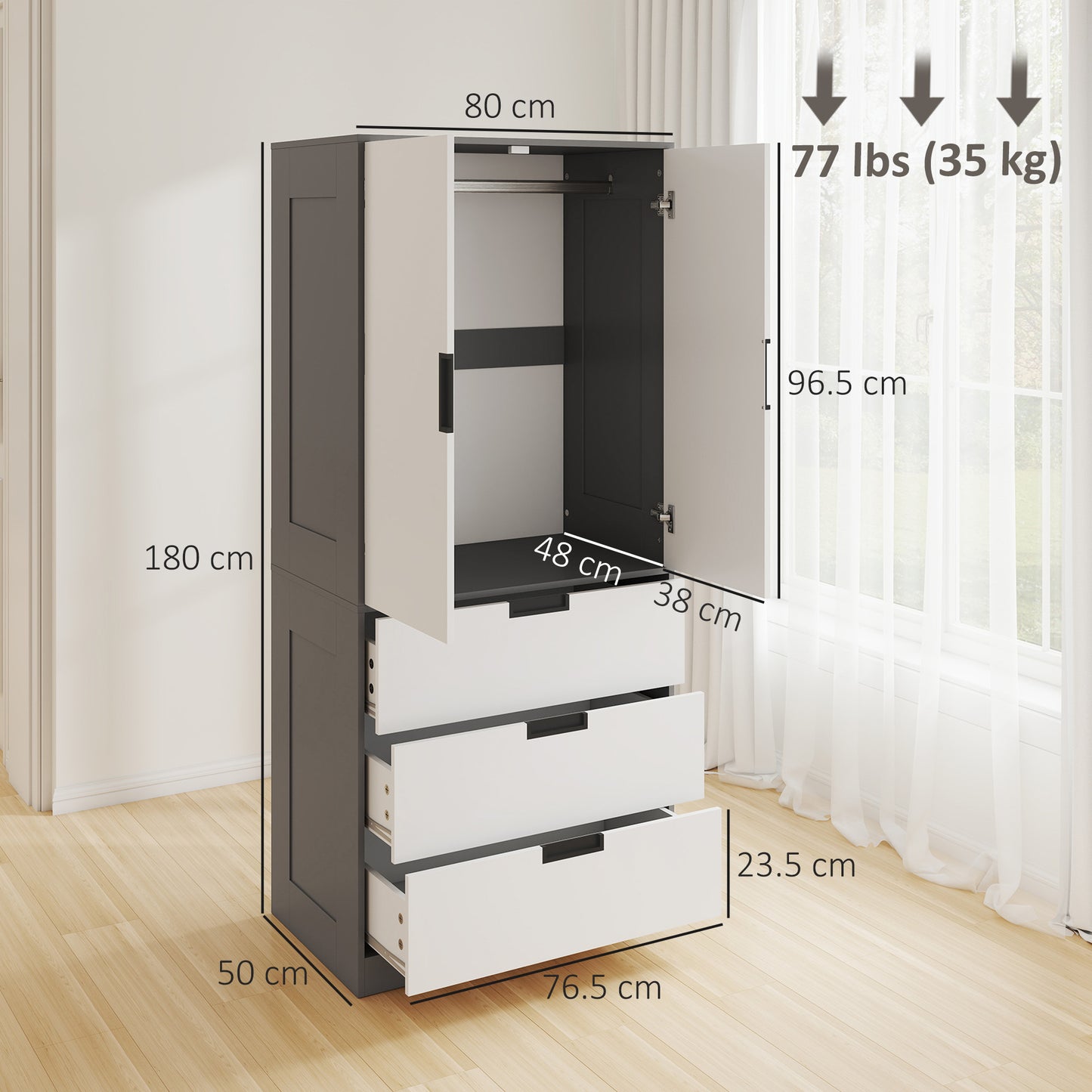HOMCOM Modern Clothes Storage Cupboard Unit, 3 Drawer 2 Door Wardrobe with Hanging Rod, Grey