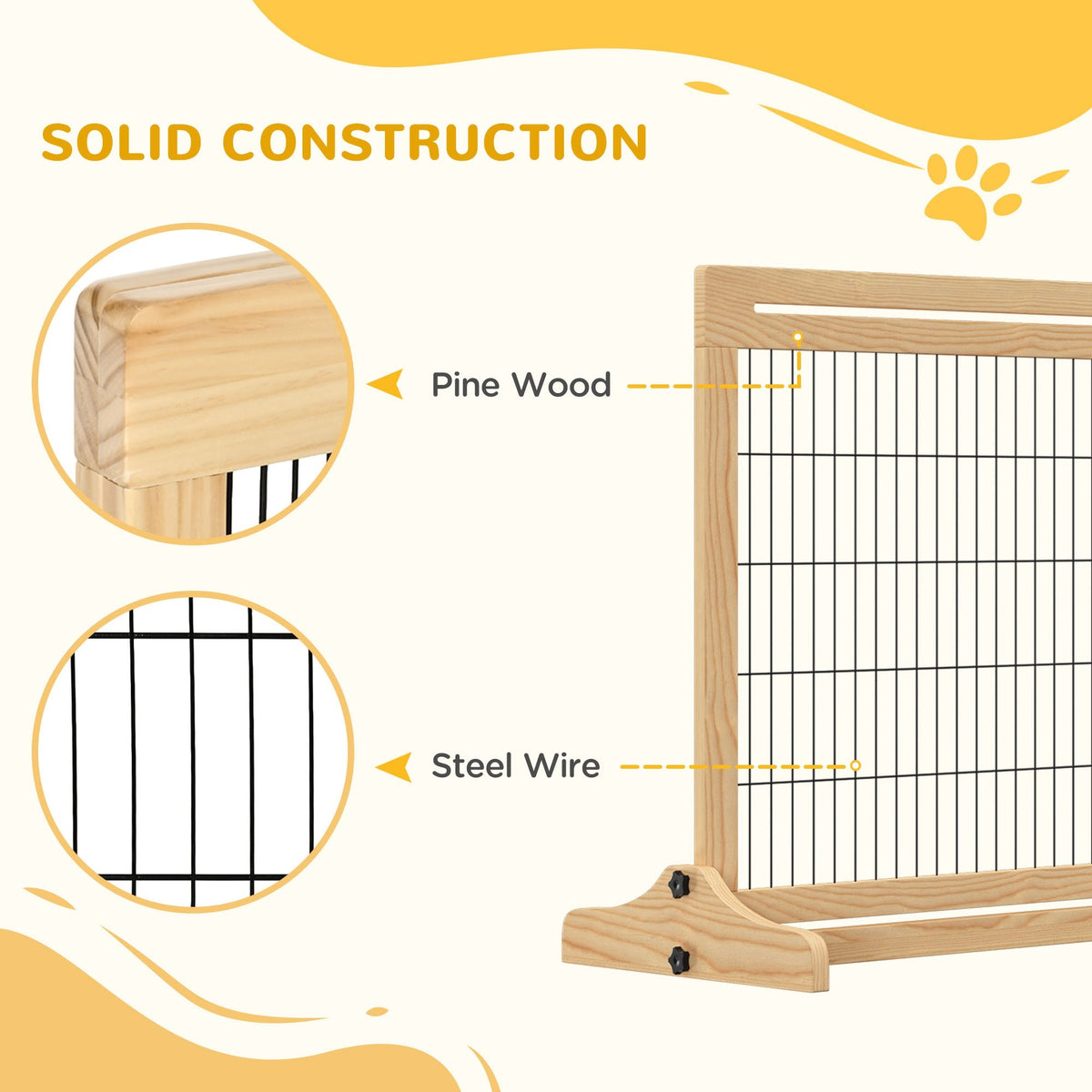 PawHut dog gate with pine wood frame, steel wire panels and a support foot