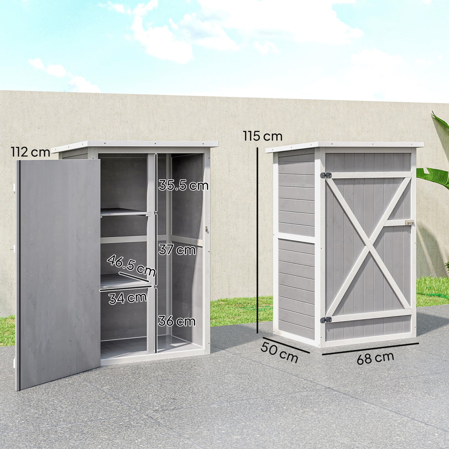 Outsunny Wooden Small Shed, 75L x 56W x115H cm Garden Storage Shed with Shelves and Bolt Latch, Grey