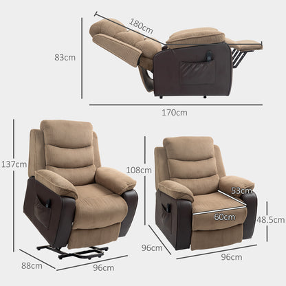 Electric lift recliner shown reclined and upright with overall dimensions