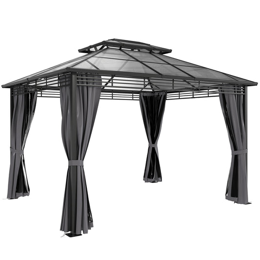 Photo of Outsunny 3 x 3.6 m Outdoor Hardtop Gazebo Canopy with 2-Tier Roof, Permanent Pavilion Garden Metal Gazebo with Sides, Dark Grey in Grey colour on a white background