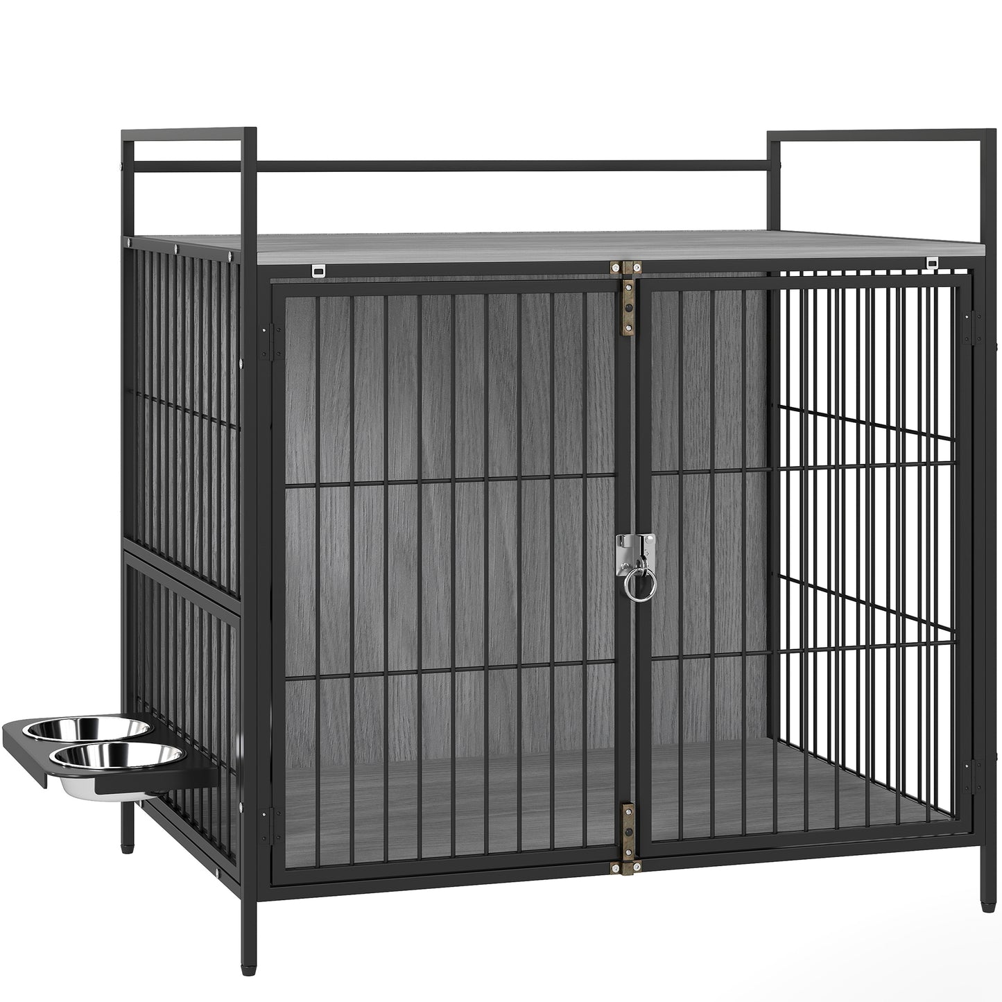 Photo of PawHut Dog Crate Furniture with Rotating Bowl Holder, 2 Bowls, 2 Doors, for Medium Dogs, 80 x 56 x 76.5 cm, Grey in Grey colour on a white background