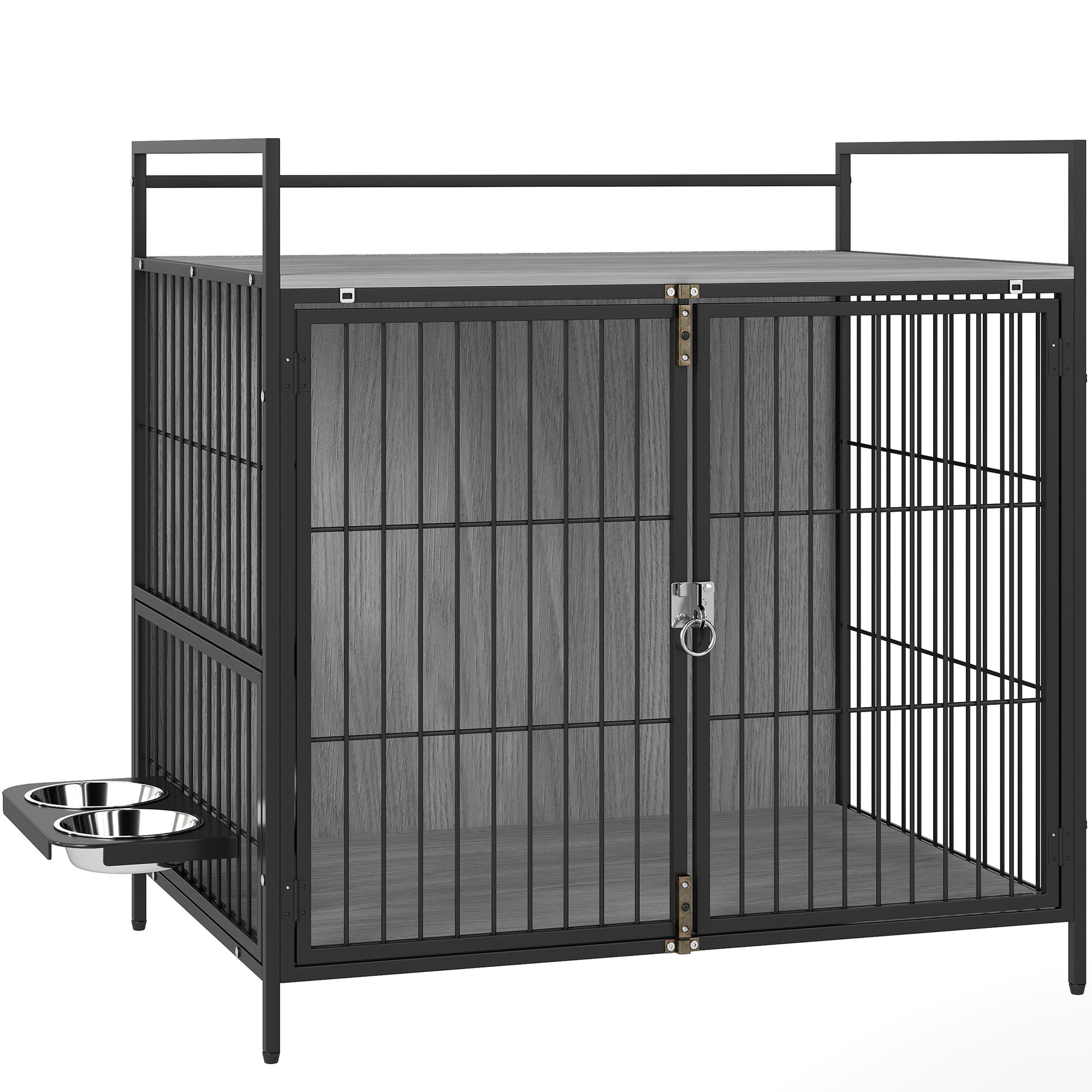 Photo of PawHut Dog Crate Furniture with Rotating Bowl Holder, 2 Bowls, 2 Doors, for Medium Dogs, 80 x 56 x 76.5 cm, Grey in Grey colour on a white background