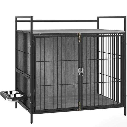 Photo of PawHut Dog Crate Furniture with Rotating Bowl Holder, 2 Bowls, 2 Doors, for Medium Dogs, 80 x 56 x 76.5 cm, Grey in Grey colour on a white background