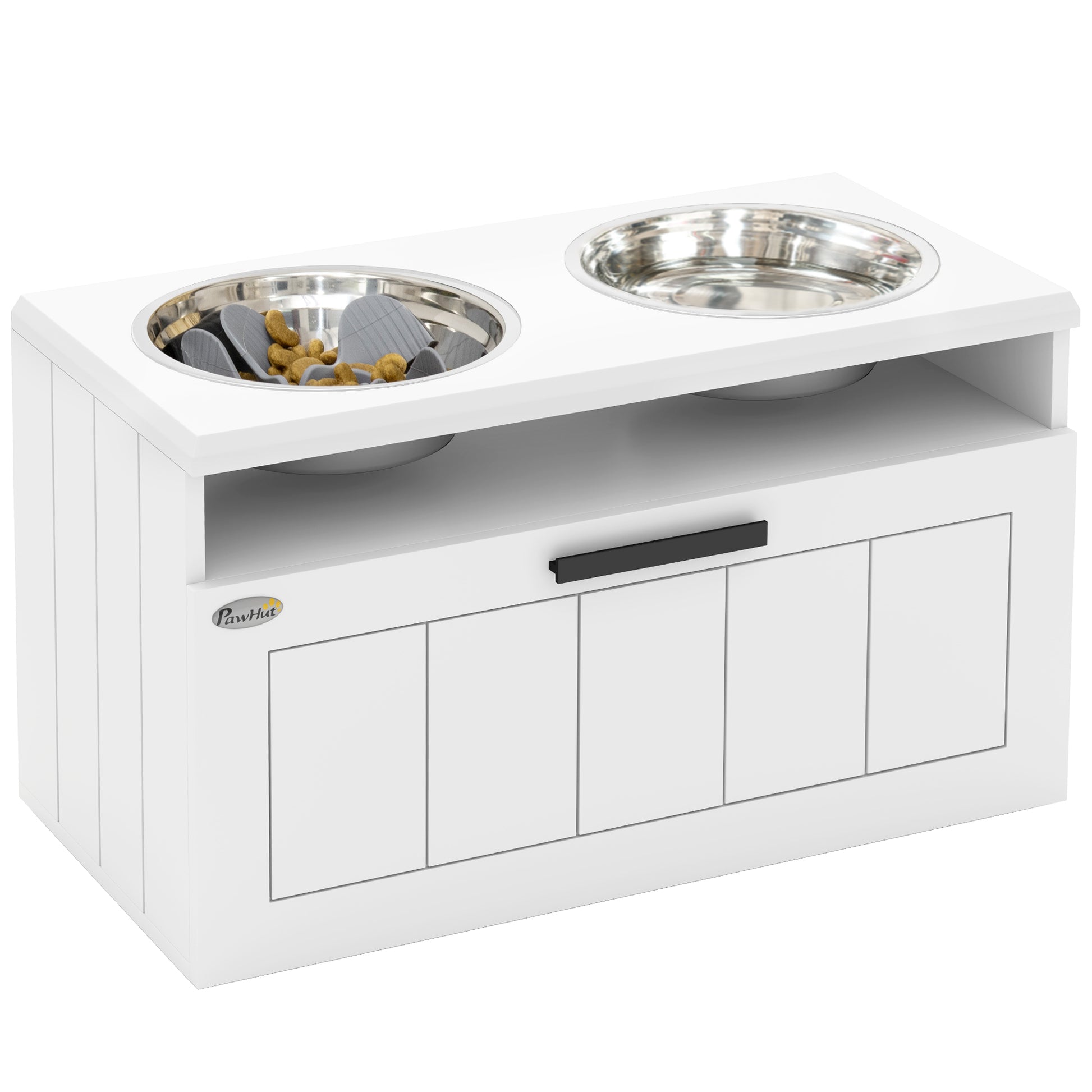 Photo of PawHut Raised Dog Bowl with Slow Feeder, Two Stainless Steel Dog Bowls, Drawer, for Large and Extra Large Dogs, White in White colour on a white background