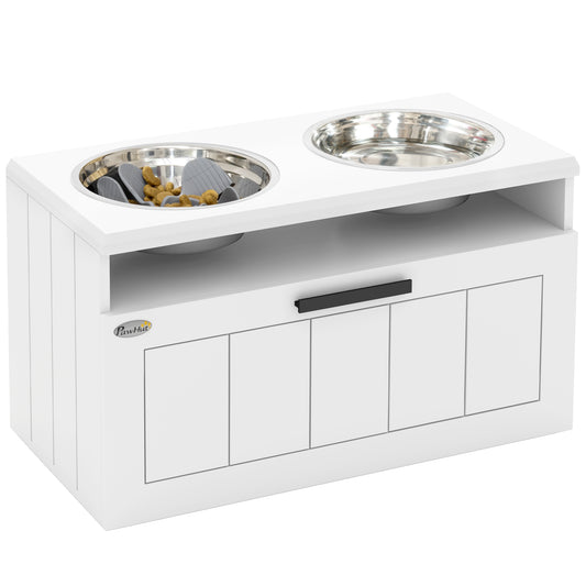 Photo of PawHut Raised Dog Bowl with Slow Feeder, Two Stainless Steel Dog Bowls, Drawer, for Large and Extra Large Dogs, White in White colour on a white background