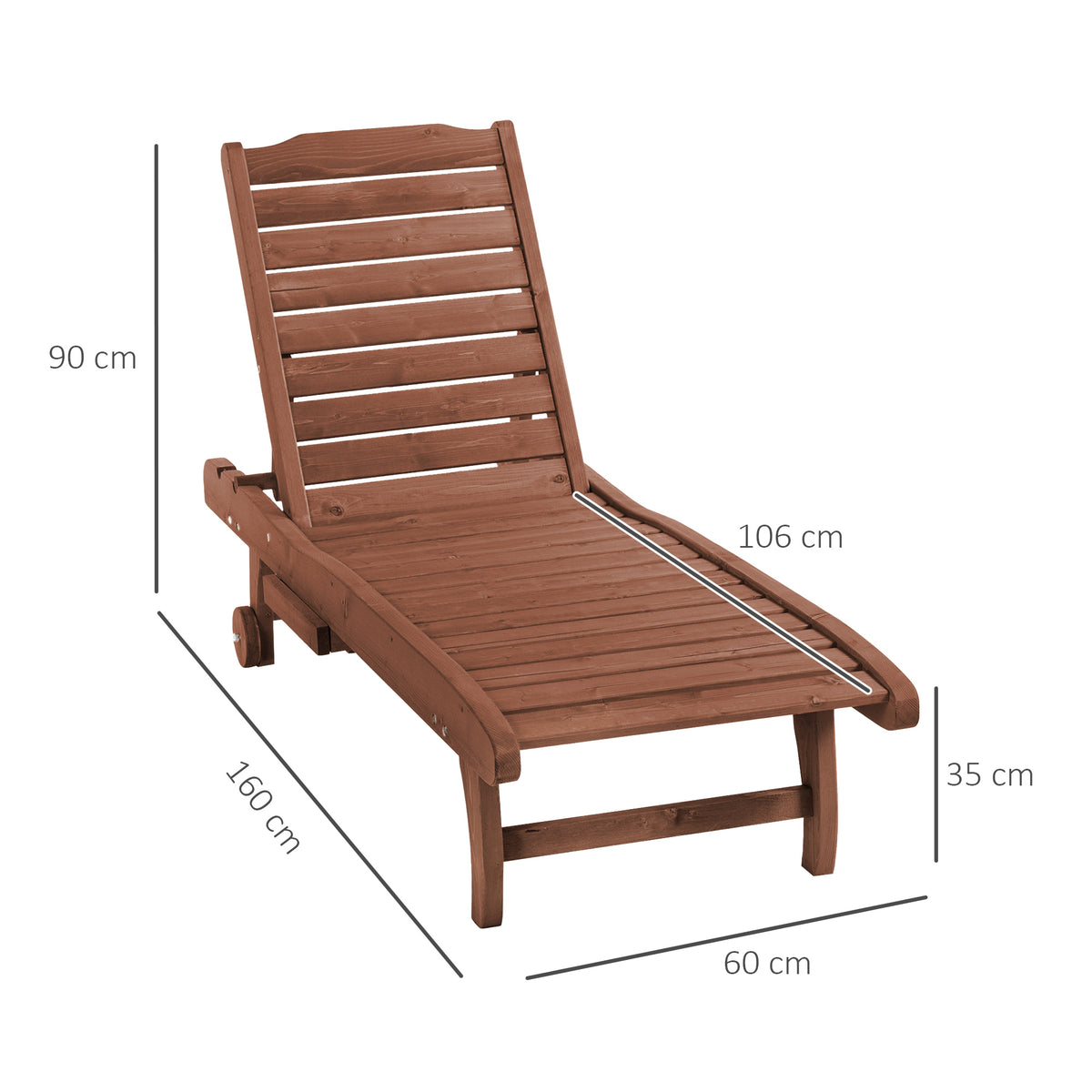 Red-brown wooden chaise lounge with slatted adjustable backrest, wheels and built-in side table