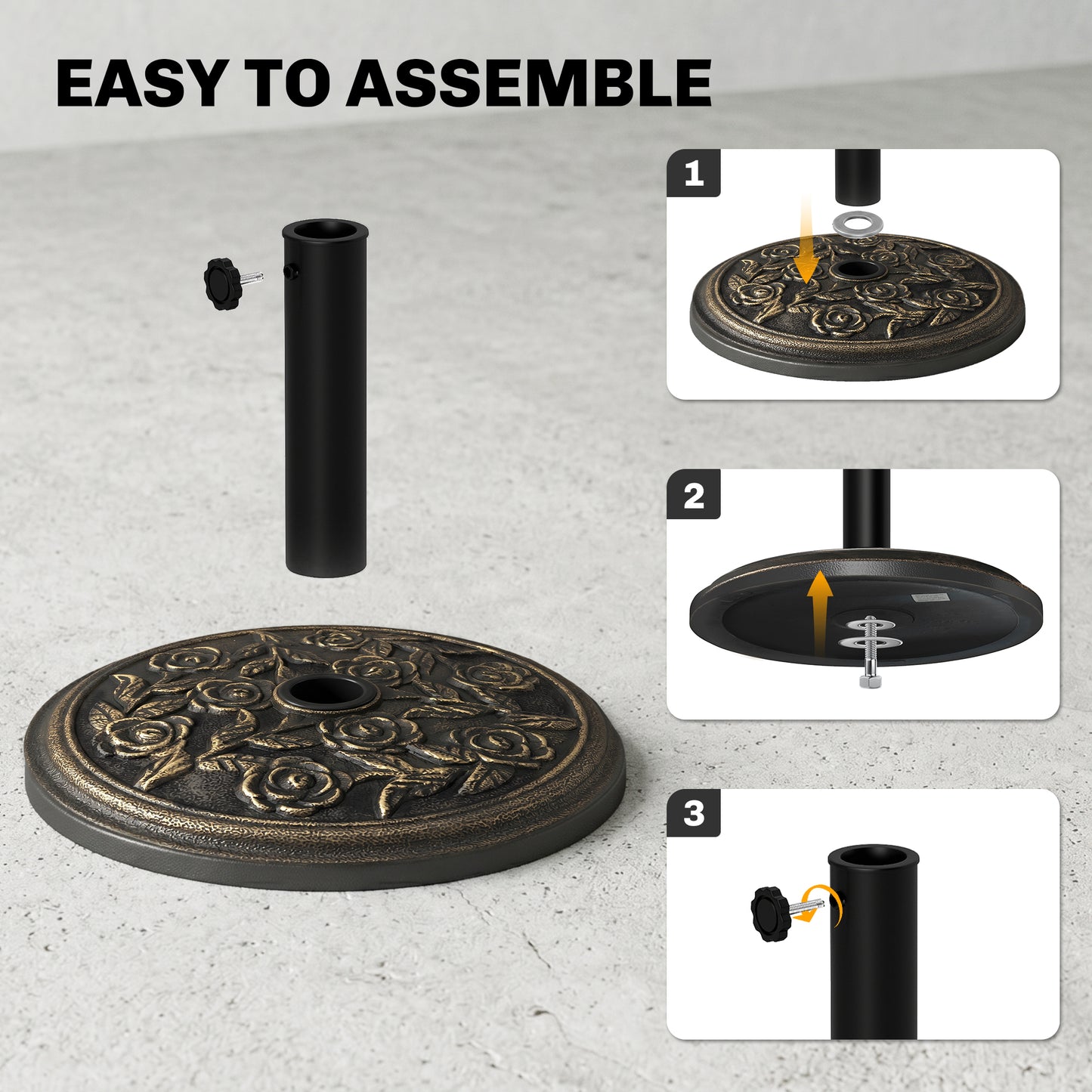 Outsunny 9kg Garden Parasol Base, Round Resin Cast Iron Effect Sun Umbrella Base, Outdoor Umbrella Stand for 38mm or 48mm Outdoor Umbrella Poles, Bronze Tone