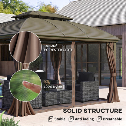 Outsunny gazebo with brown polyester curtains, nylon netting and a hardtop roof