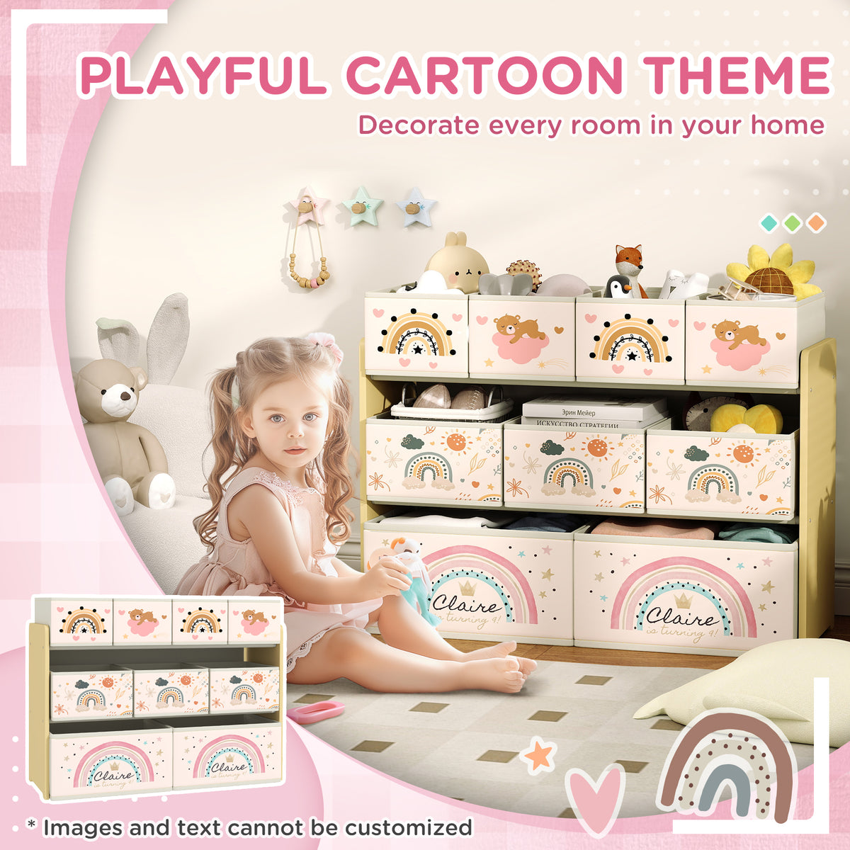 AIYAPLAY kids storage unit with rainbow and bear print bins beside a child