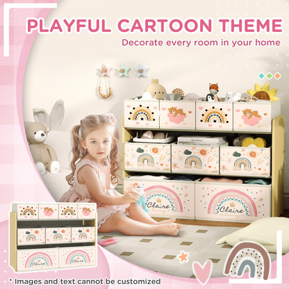 AIYAPLAY kids storage unit with rainbow and bear print bins beside a child