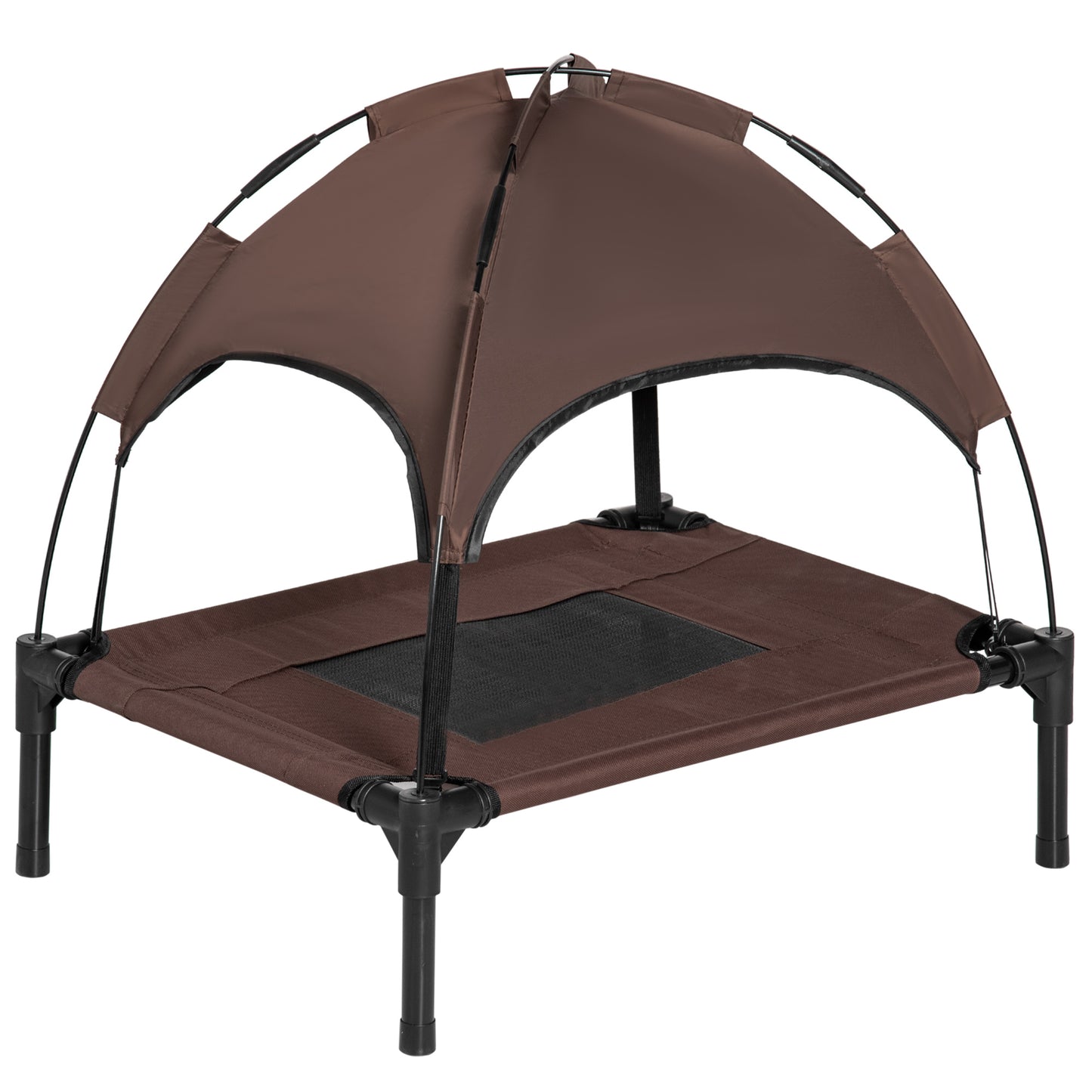 Photo of PawHut Outdoor Dog Bed with Removable Canopy, Portable Raised Dog Bed for Camping, Garden & Beach, Water-Resistant UV-Protection Mesh Pet Cot Sun Lounger, for Small Pets, 61 x 46 x 62 cm, Brown in Brown colour on a white background