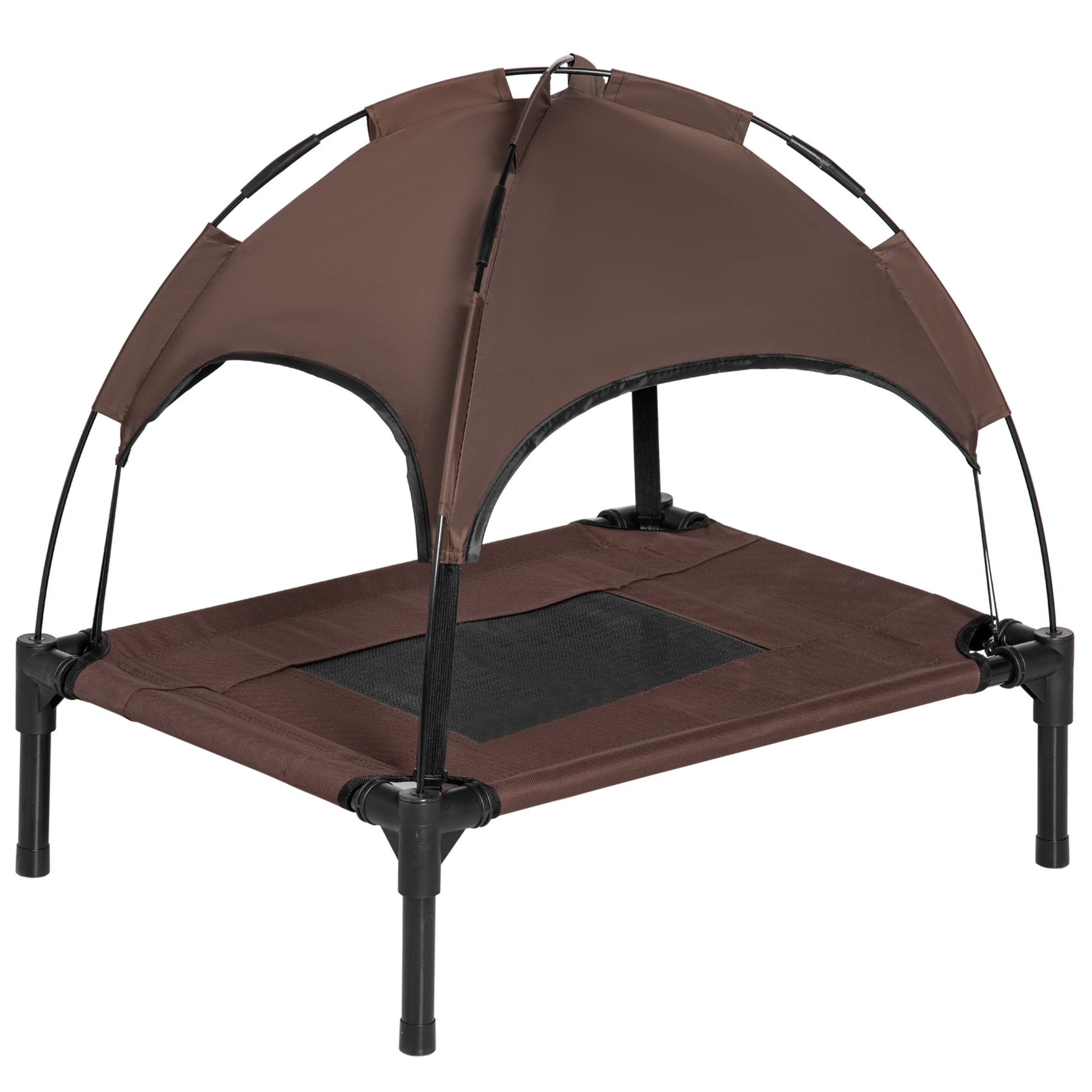 Photo of PawHut Outdoor Dog Bed with Removable Canopy, Portable Raised Dog Bed for Camping, Garden & Beach, Water-Resistant UV-Protection Mesh Pet Cot Sun Lounger, for Small Pets, 61 x 46 x 62 cm, Brown in Brown colour on a white background
