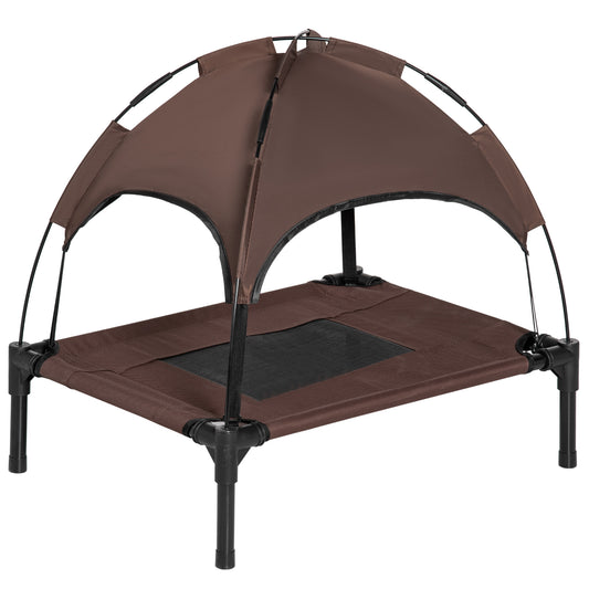 Photo of PawHut Outdoor Dog Bed with Removable Canopy, Portable Raised Dog Bed for Camping, Garden & Beach, Water-Resistant UV-Protection Mesh Pet Cot Sun Lounger, for Small Pets, 61 x 46 x 62 cm, Brown in Brown colour on a white background
