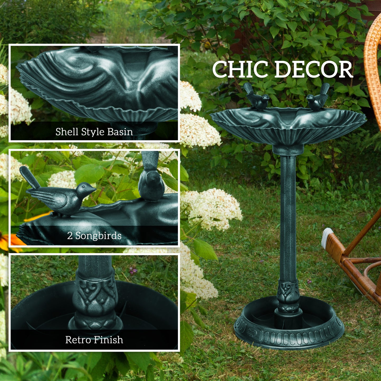 Outsunny 81cm Tall Bird Bath with 2 Decorative Birds, Vintage Style Birdbath with Flower Planter Base, Bird Bath Bowl for Garden, Green