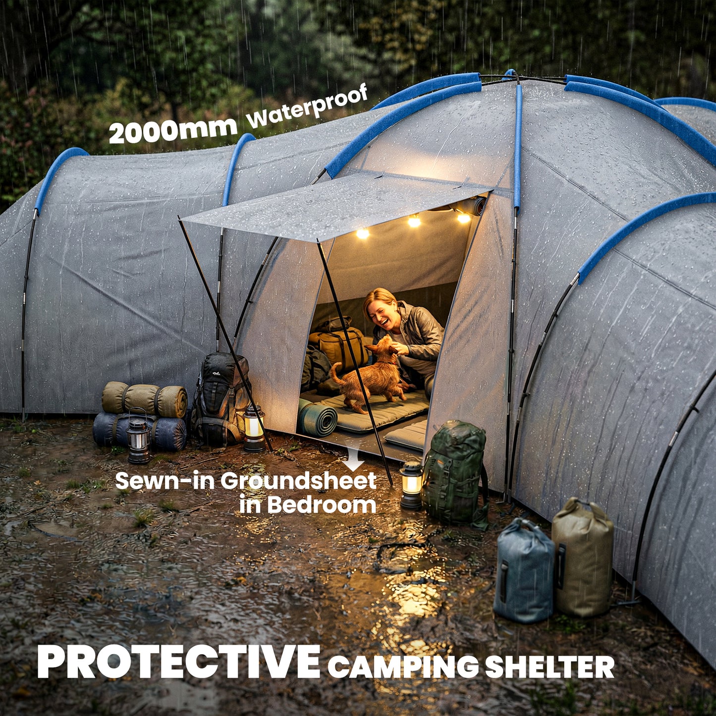 Outsunny 6-9 Man Large Tunnel Tent with 3 Bedrooms, Living Area and Porch, Light Grey