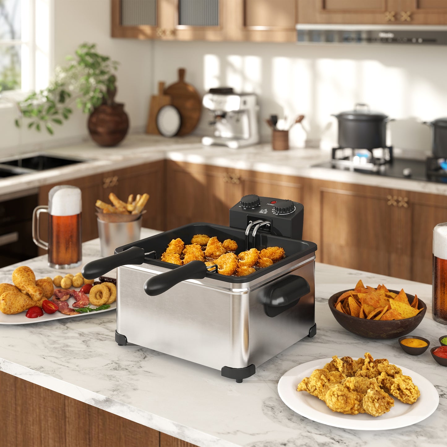HOMCOM 5 Litre Deep Fat Fryer Stainless Steel with Adjustable Temperature, 60min Timer, Removable Oil Basket, Viewing Window and Safety Cut Out, 2000W