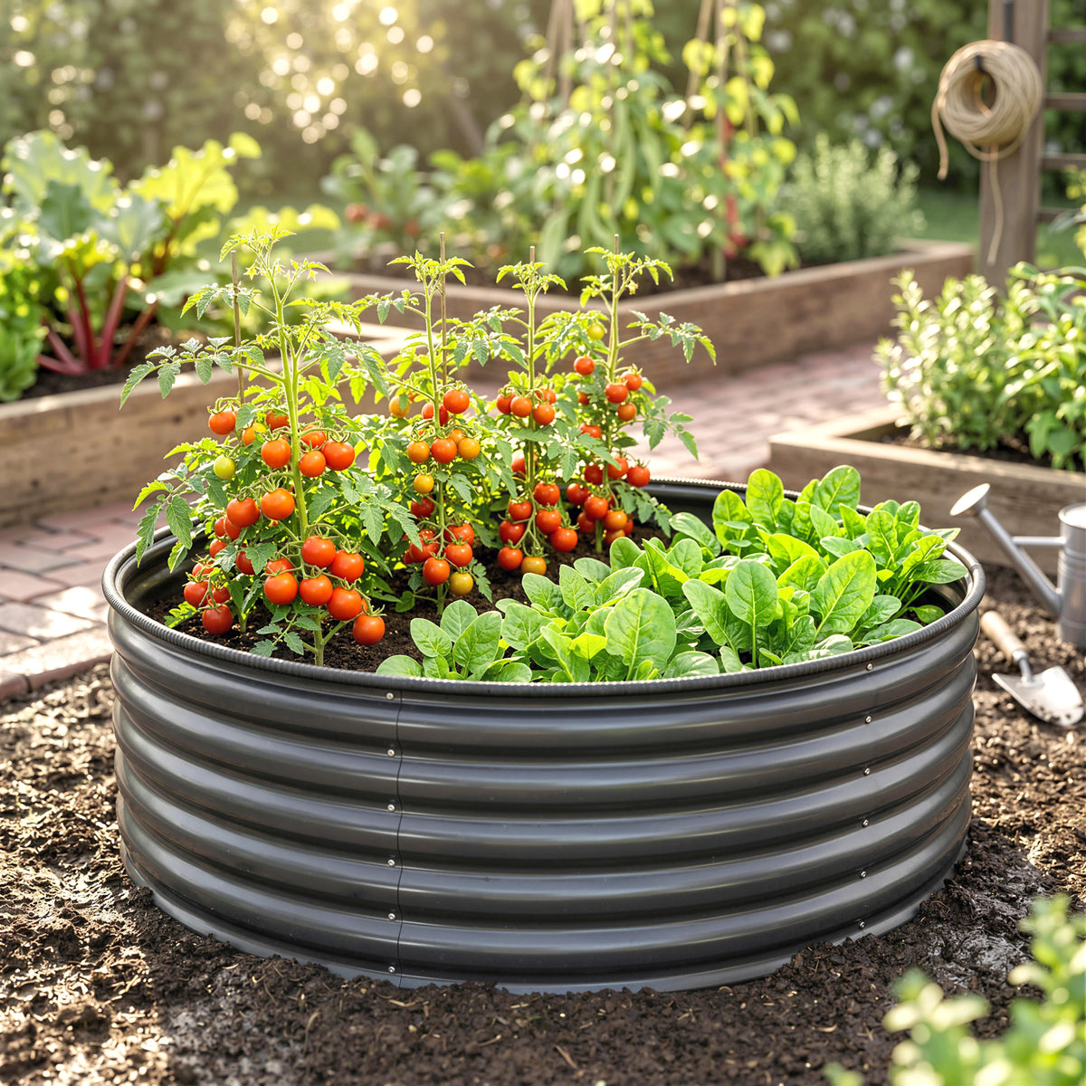 Dark grey corrugated raised garden bed planted with tomatoes and leafy greens