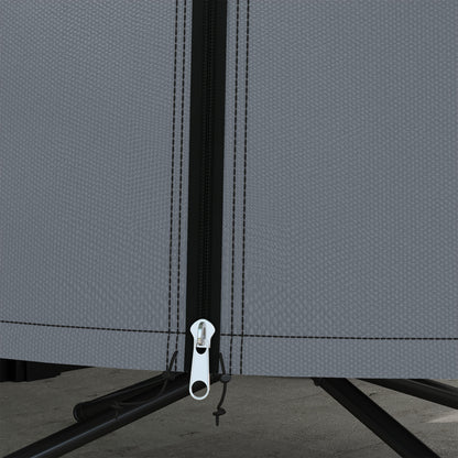 Close-up of the grey cover's front zipper, pull, and bottom drawstring.