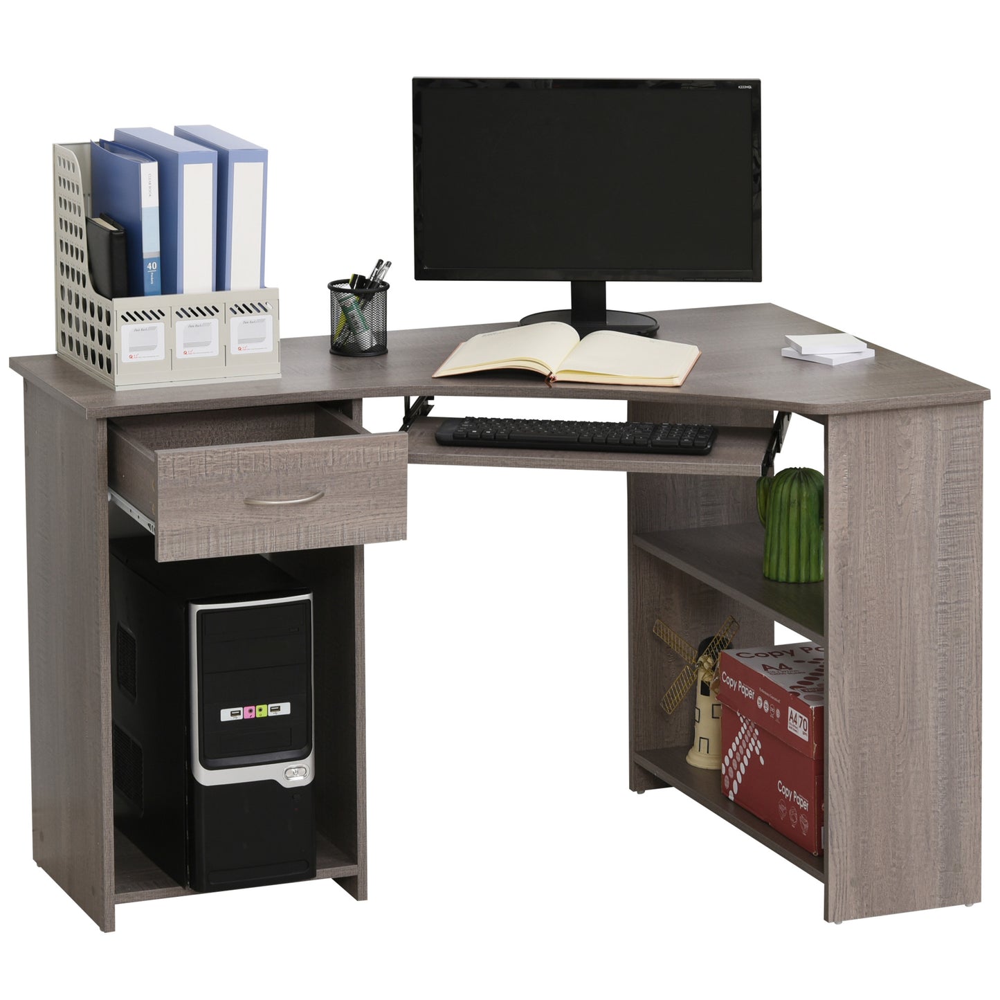 Photo of HOMCOM L-Shaped Corner Computer Desk w/ 2 Shelves Wide Worktop Keyboard Tray Drawer & CPU Stand Home Office Study Bedroom Furniture Grey in Grey colour on a white background