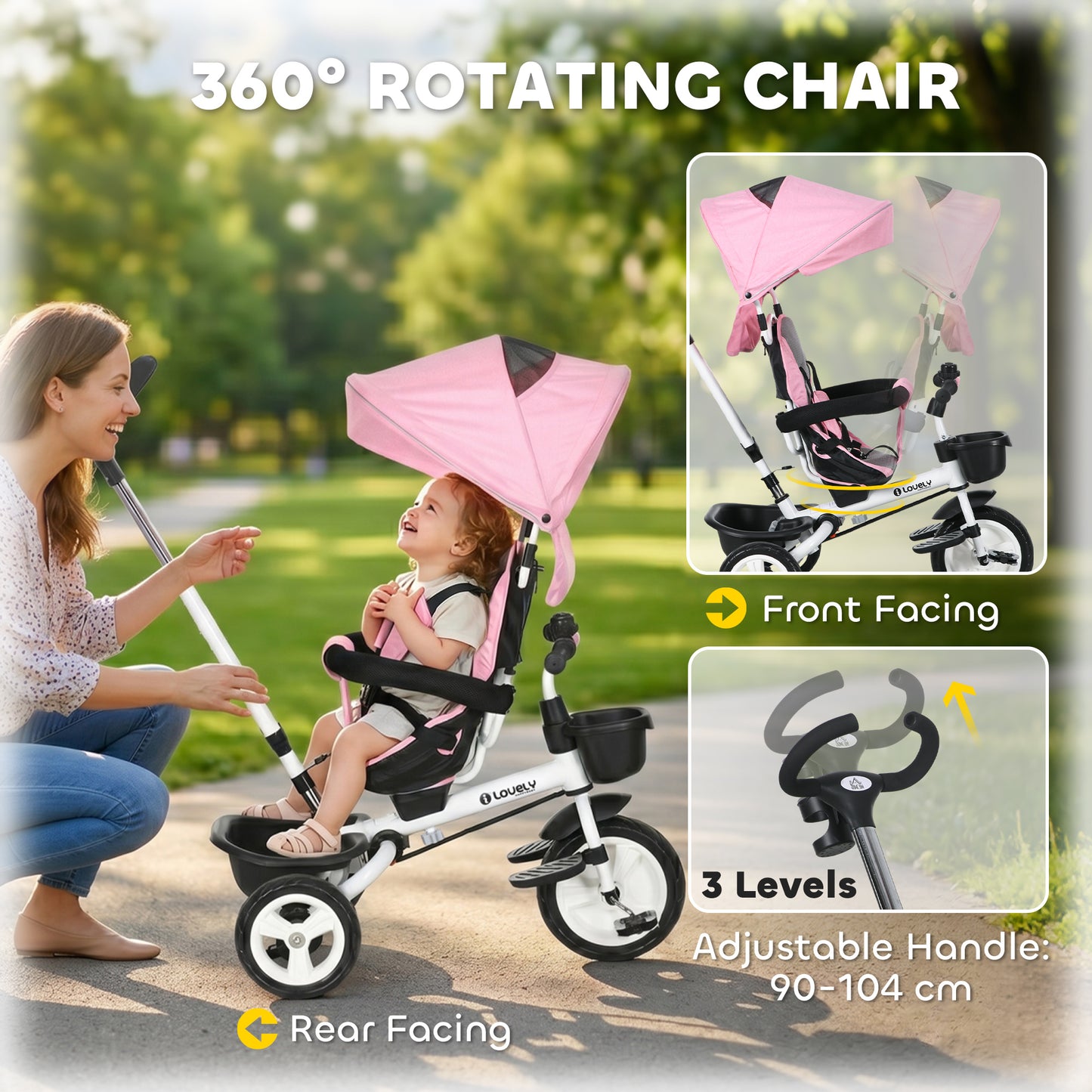 HOMCOM Metal Frame 6 in 1 Baby Push Tricycle with Parent Handle for 1-5 Years Old, Pink