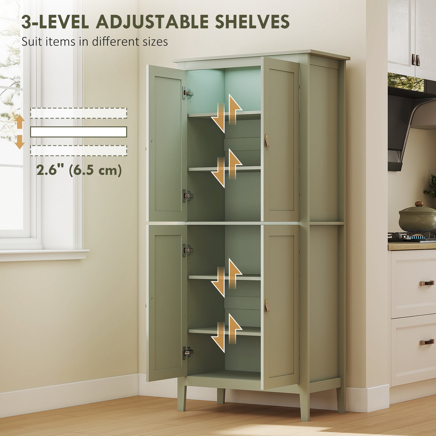 HOMCOM Tall Pantry Cupboard with Motion Sensor LED Light - Green