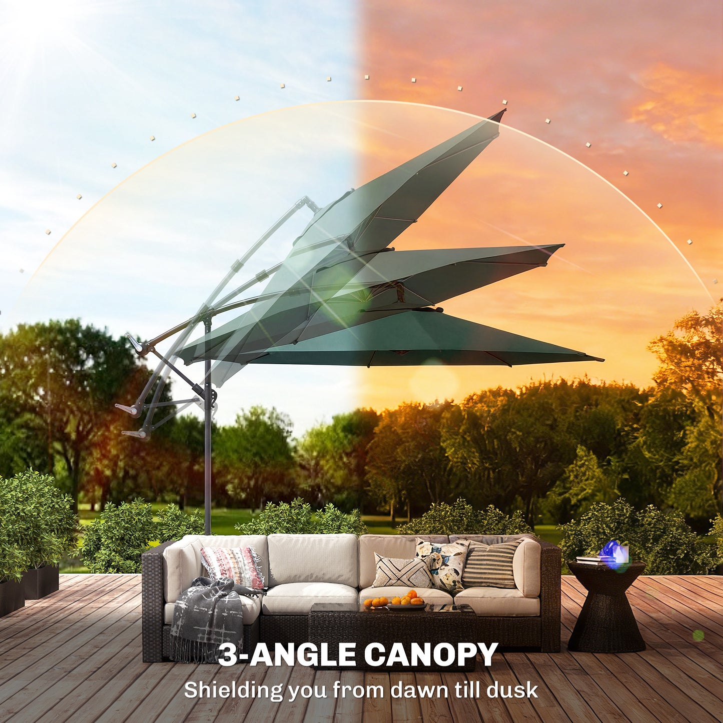 Outsunny 3 m Overhanging Cantilever Parasol, with Cross Base - Dark Green