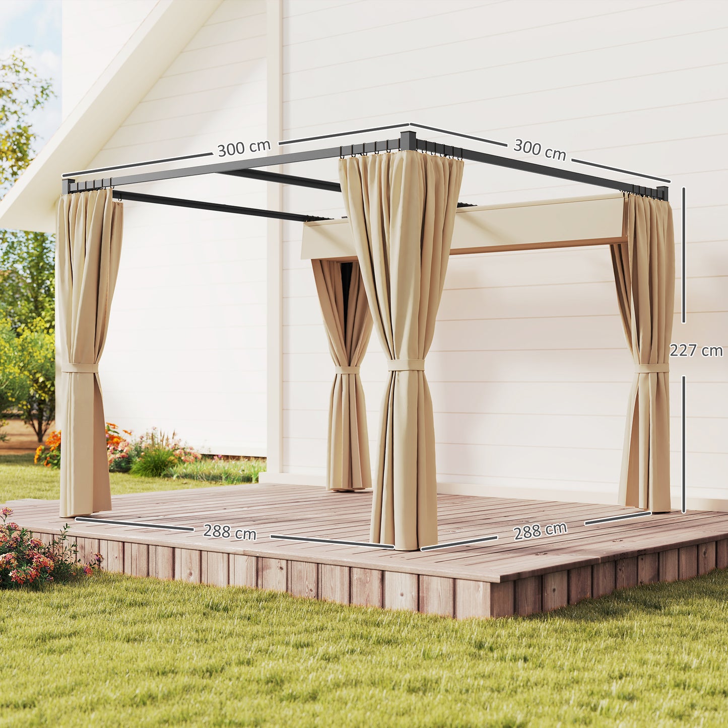 Outsunny 3 x 3m Retractable Pergola with Curtains, Metal Garden Gazebo Canopy for Patio, Deck & Outdoor Dining, UV-Resistant, Beige