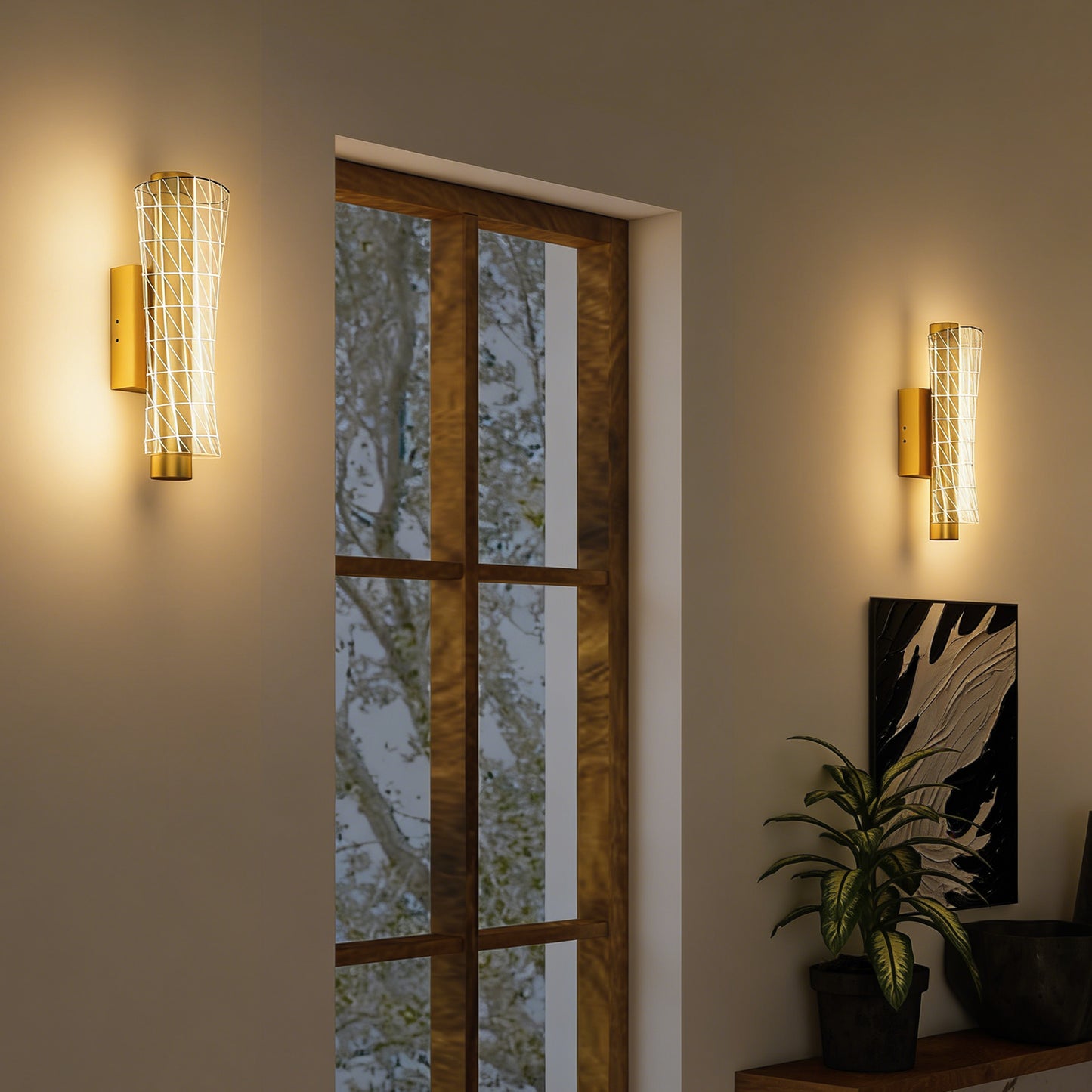 HOMCOM Led Wall Lamp 2 Pack, 9W Modern Indoor Geometric Mesh Wall Light, Colour Temperature Adjustable 3000K/4000K/6500K for Bedroom, Living Room, Hallway, Stairs, Gold Tone