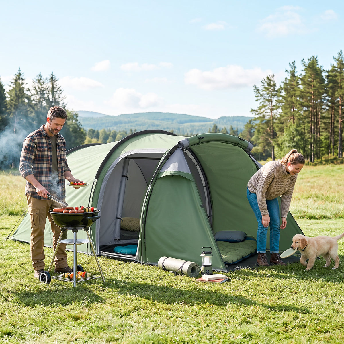 Outsunny 2 Man Tunnel Tent with Sewn-in Groundsheet, Air Vents, Rainfly, 2000mm Large Camping Tent with Bedroom, Porch, Living Area for Camping, Hiking, 426L x 206W x 154H cm, Dark Green