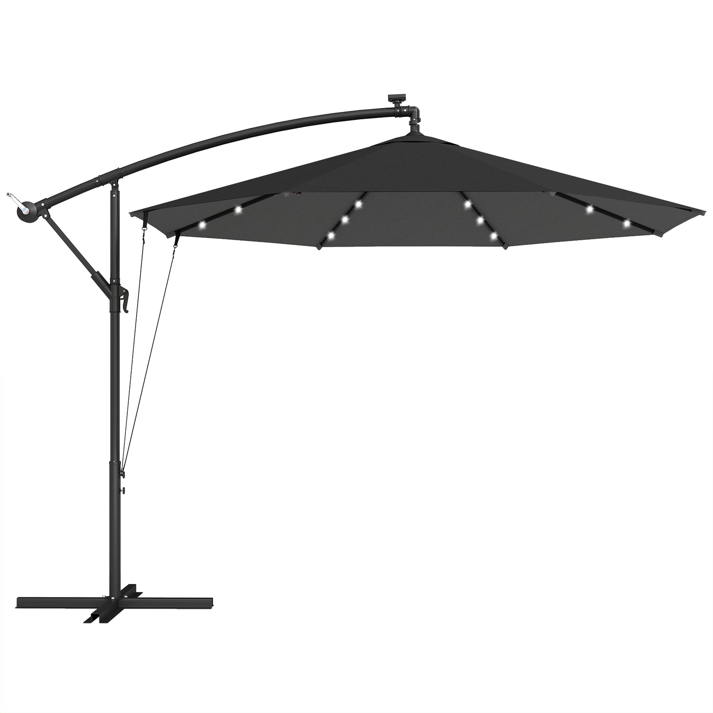 Photo of Outsunny 3 m Cantilever Parasol with Solar LED Lights Garden Umbrella with Cross Base, Black in Black colour on a white background