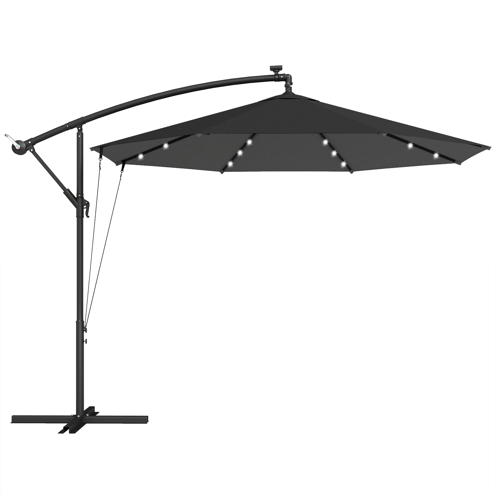 Photo of Outsunny 3 m Cantilever Parasol with Solar LED Lights Garden Umbrella with Cross Base, Black in Black colour on a white background
