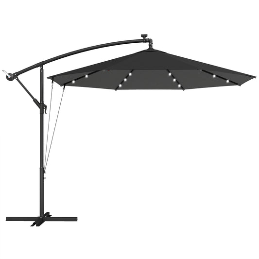 Photo of Outsunny 3 m Cantilever Parasol with Solar LED Lights Garden Umbrella with Cross Base, Black in Black colour on a white background