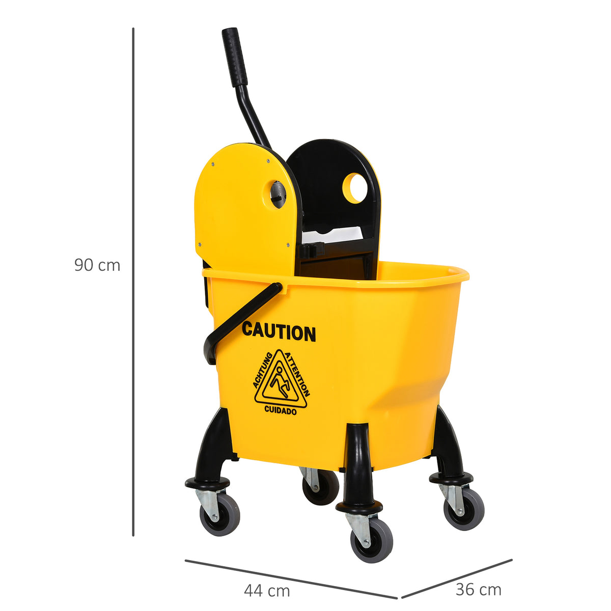Yellow 25L mop bucket with wringer, handle and four wheels; dimensions shown as 90 × 44 × 36 cm.