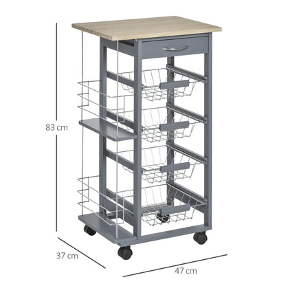 Gray rolling kitchen cart with four baskets, a drawer, and two side racks