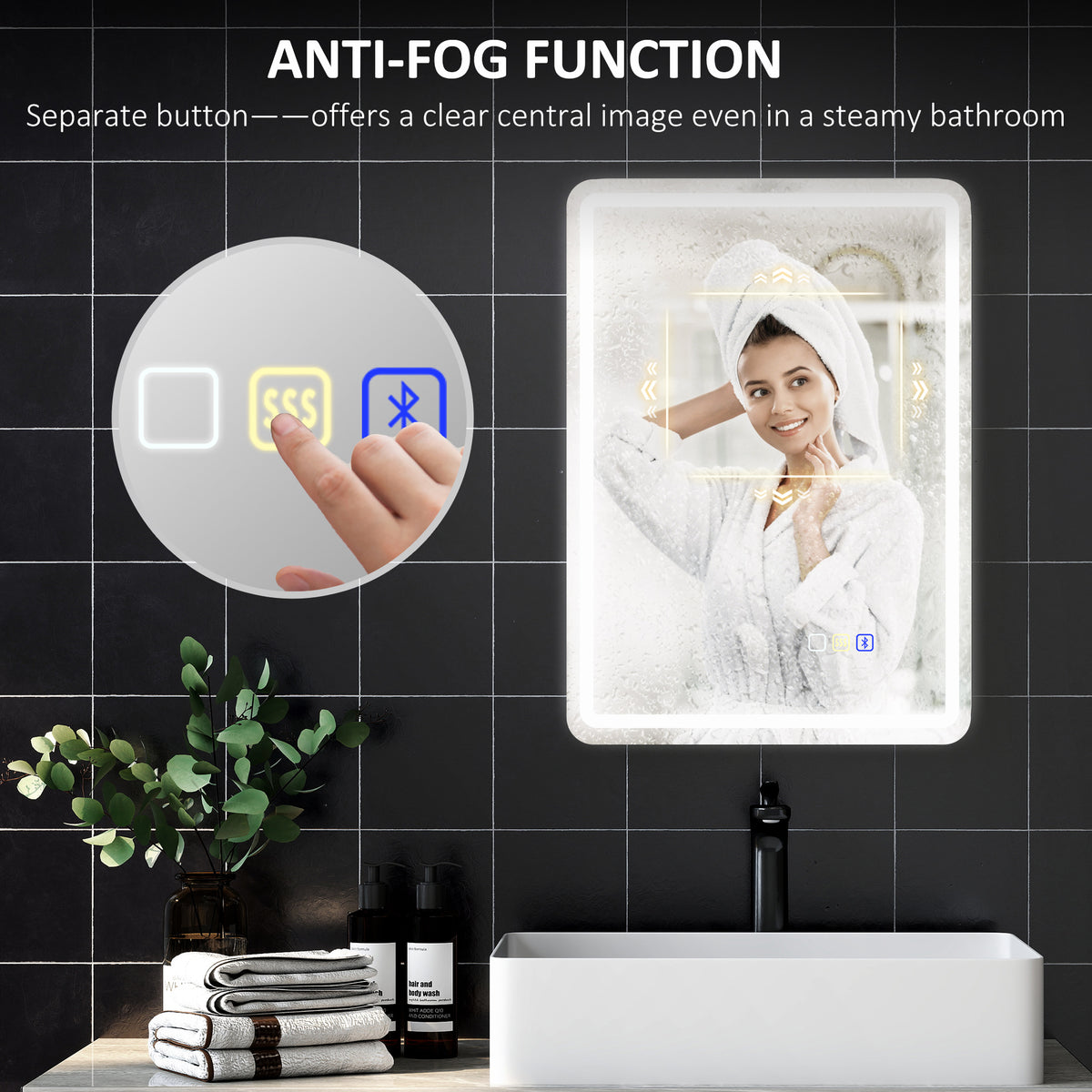 HOMCOM anti-fog bathroom mirror with touch controls and illuminated border