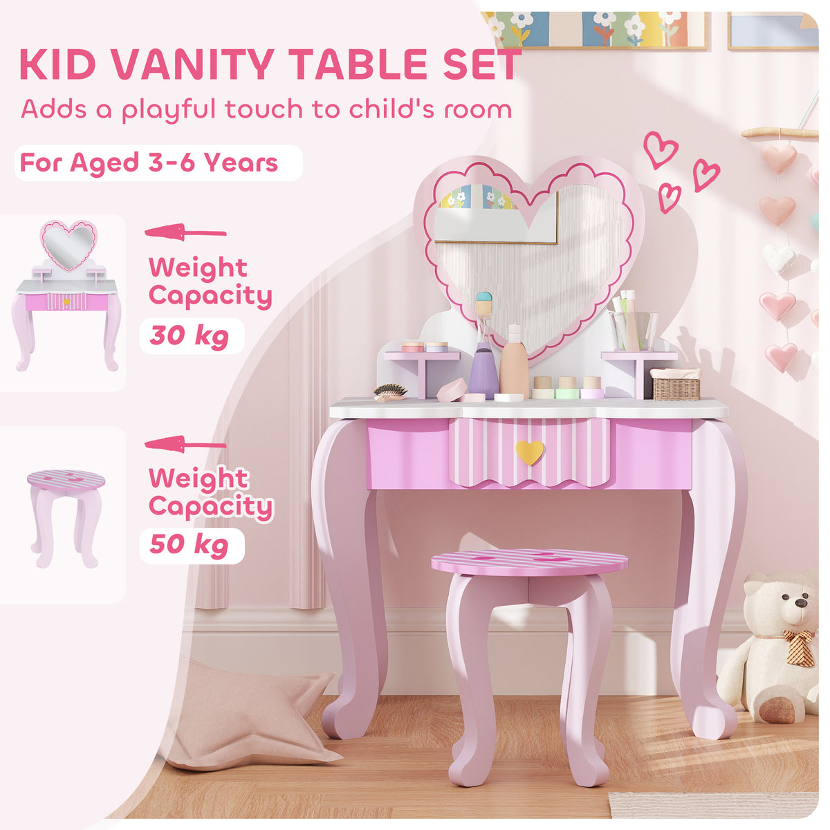 Pink heart-themed children's vanity set with stool, shown with weight capacities