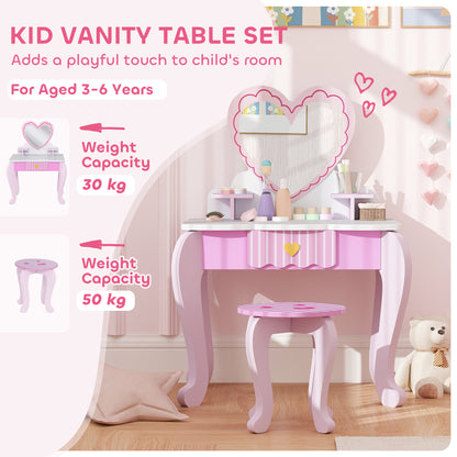Pink heart-themed children's vanity set with stool, shown with weight capacities