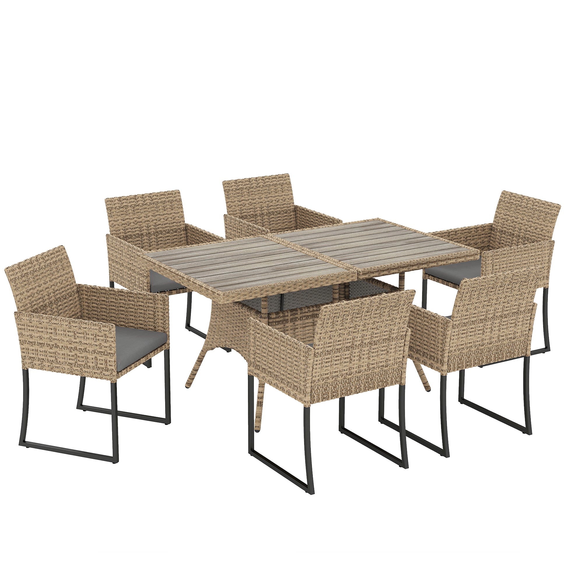 Photo of Outsunny 7 Piece Rattan Garden Furniture Set, Garden Dining Set with Wood-Plastic Table and 6 Stackable Chairs, Dark Grey in Grey colour on a white background