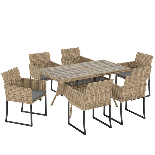 Photo of Outsunny 7 Piece Rattan Garden Furniture Set, Garden Dining Set with Wood-Plastic Table and 6 Stackable Chairs, Dark Grey in Grey colour on a white background