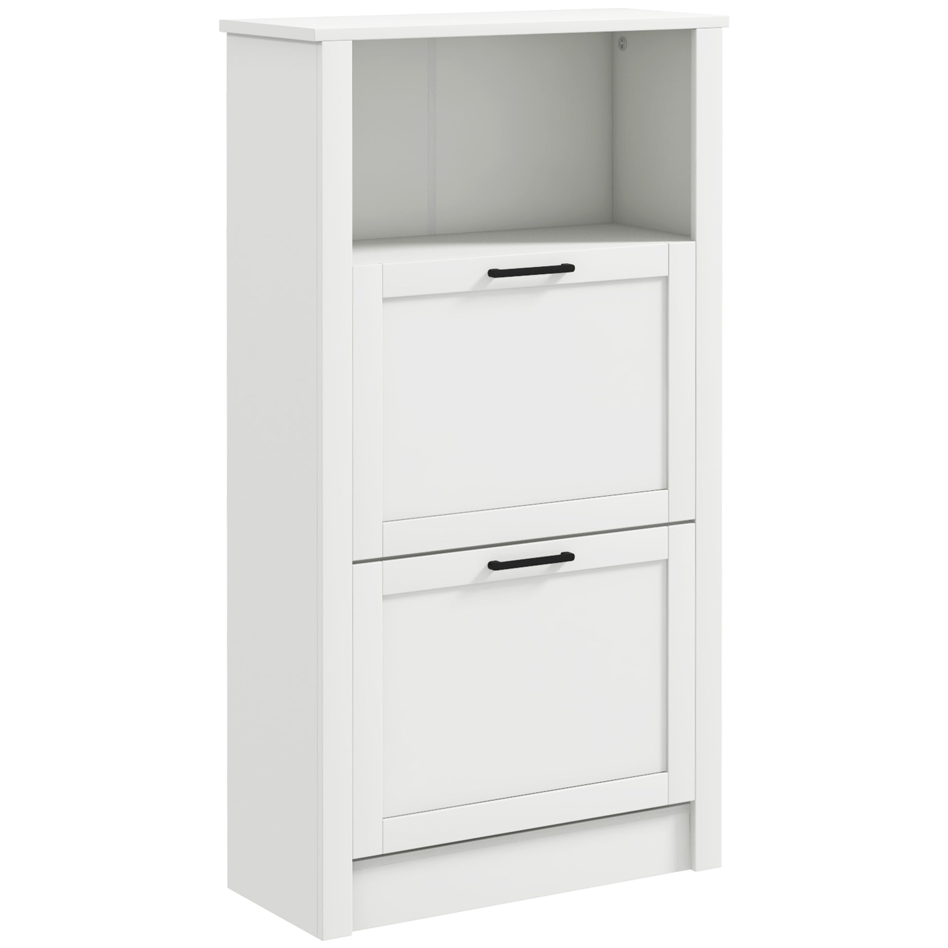 Photo of HOMCOM Modern Shoe Cabinet with 2 Flip Drawers and Adjustable Shelves, Narrow Shoe Storage Cabinet with Open Compartment, Holds 10 Pairs for Entryway, Hallway, White in White colour on a white background