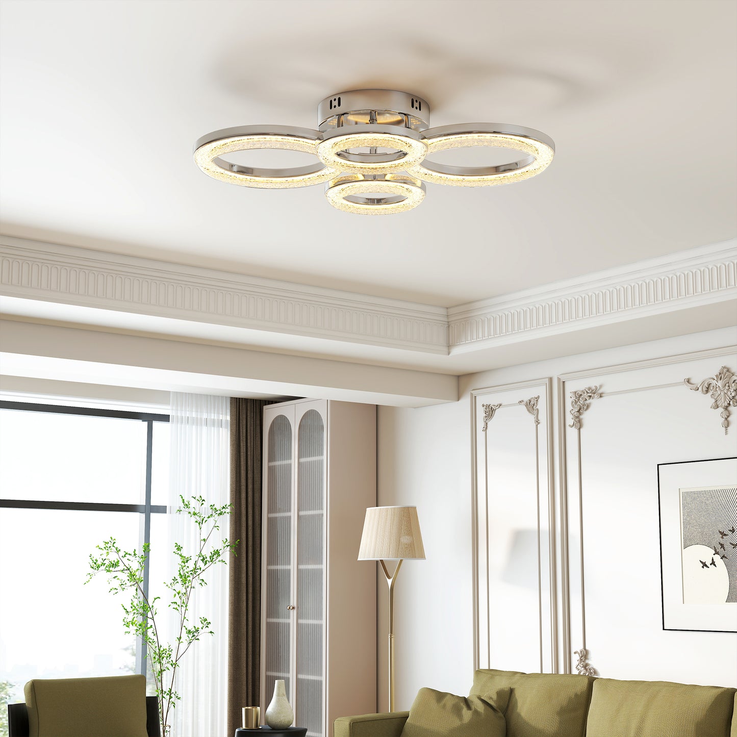 HOMCOM 4-Ring LED Ceiling Light, Flush Mount Ceiling Light with 3 Colour Temperatures, Silver Tone