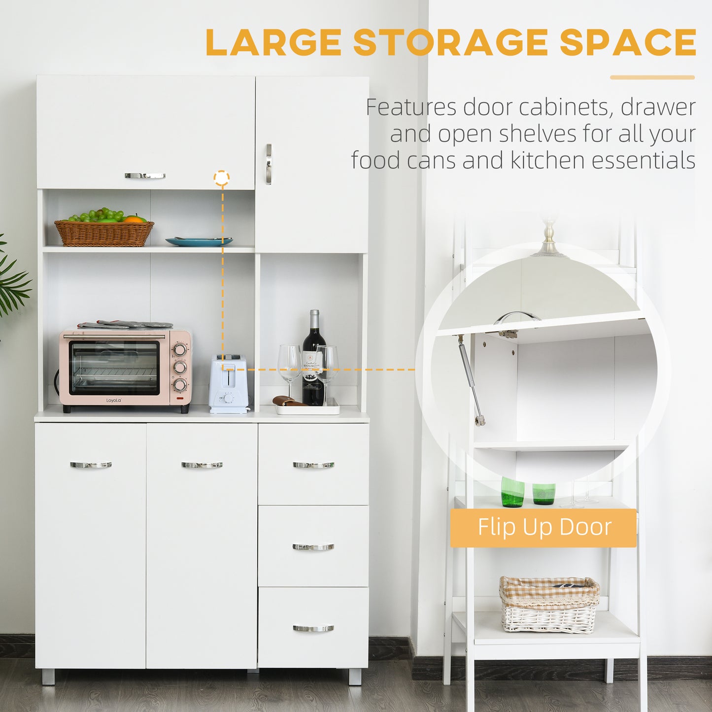HOMCOM Kitchen Cupboard, 183cm Tall Storage Cabinet with Countertop, Sideboard with 3 Small Drawers, Flip Up Top Door, 3 Cabinet Doors and Open Shelves, 100W x 39.5D x 183.5H cm, White