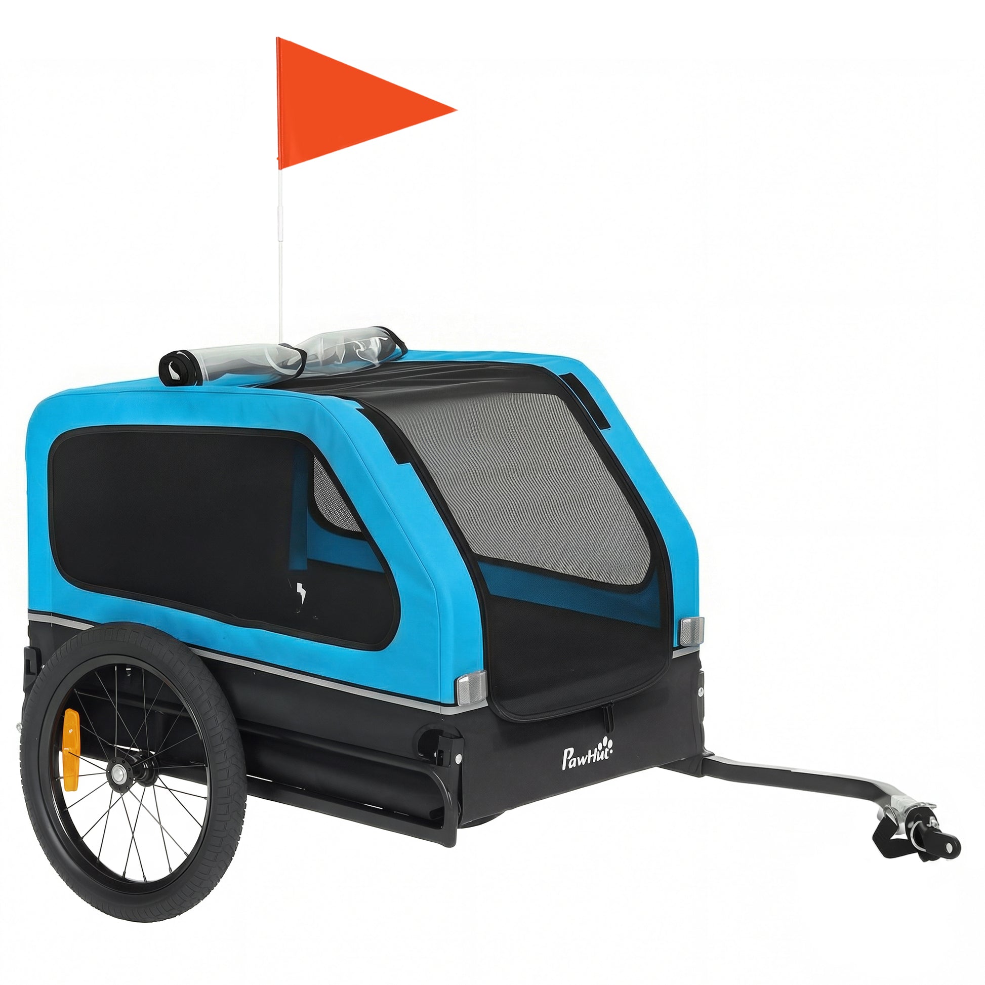 Photo of PawHut Dog Bike Trailer with Flip-Down Ramp Tailgate, Quick Release Frame, Universal Bicycle Coupler, Reflectors, Blue in Blue colour on a white background
