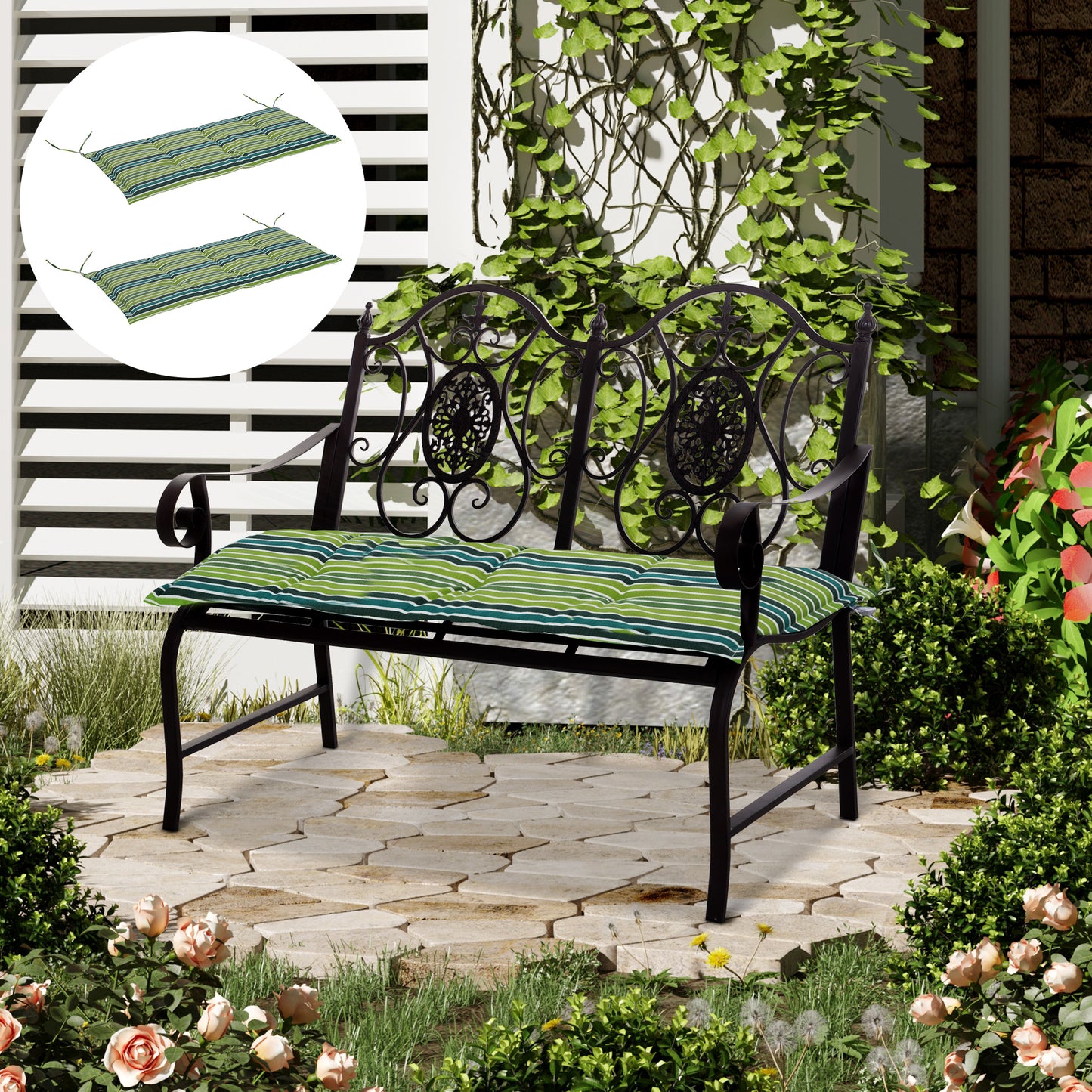 Photo of Outsunny Polyester Set Of 2 Swing Chair Cushion Green Stripes in Stripes colour on a white background