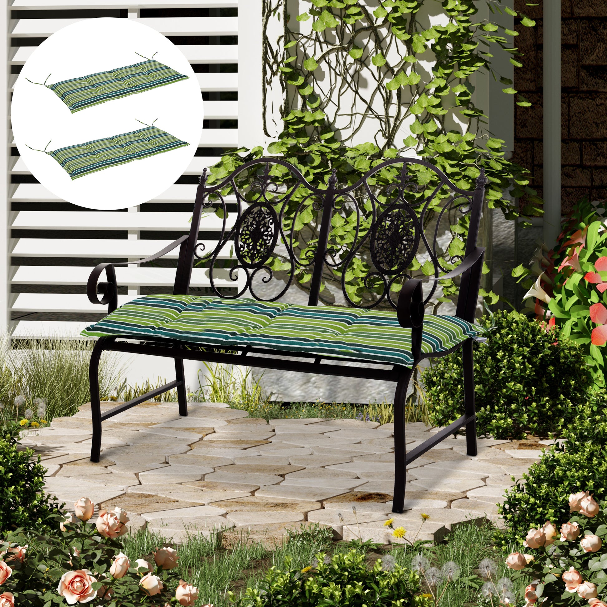 Photo of Outsunny Polyester Set Of 2 Swing Chair Cushion Green Stripes in Stripes colour on a white background
