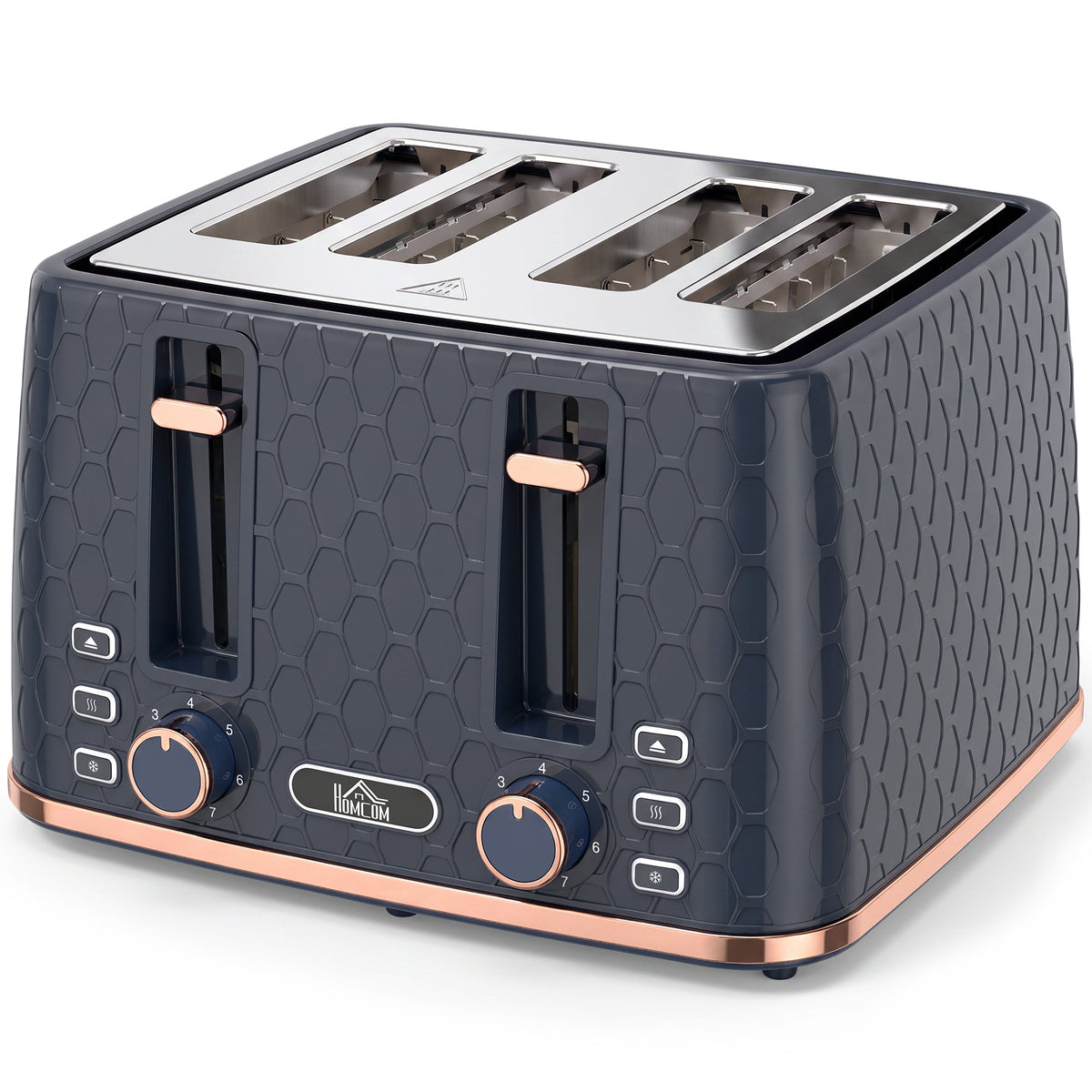 Photo of HOMCOM Toaster 4 slice, Toaster with 7 Browning Levels, High Lift, Reheat/Defrost/Cancel, Self-centring Function, Dark Blue in Blue colour on a white background