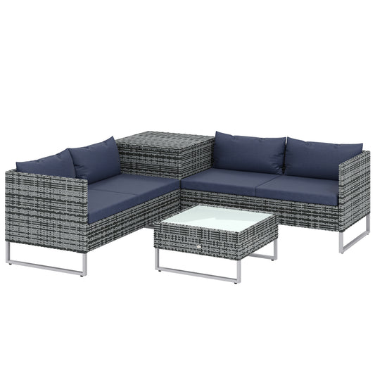 Photo of Outsunny 4 Piece Rattan Garden Furniture Set, Outdoor Corner Sofa Set with Storage Table, Loveseats, Cushions - Dark Blue in Blue colour on a white background