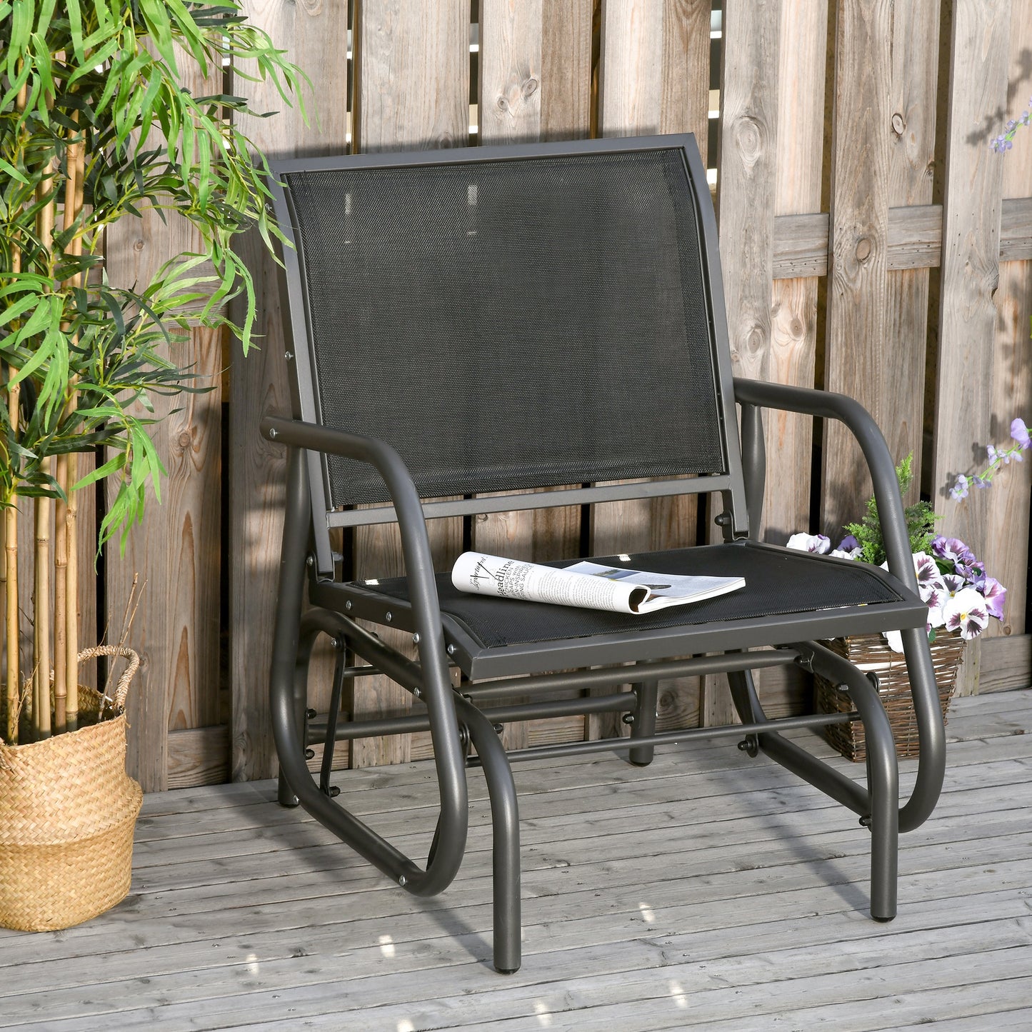 Outsunny Outdoor Garden Glider Chair, Metal Frame Single Armchair Swing Seater w/ Breath Mesh Fabric Seat, Curved Backrest, Armrests, for Living Room, Patio, Porch, Dark Grey